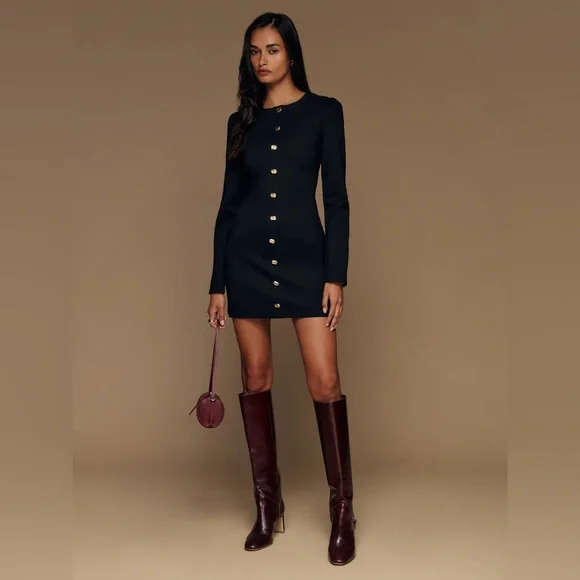 Reformation Micah Knit Dress Black Long Sleeve Dress with Gold Buttons - Picture 2 of 11